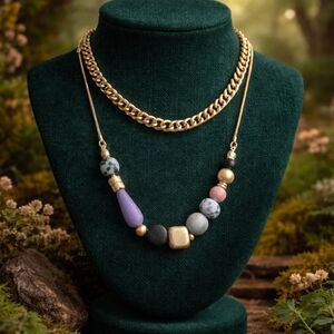 Gold Chain Necklace with Purple and Pink Accent Beads